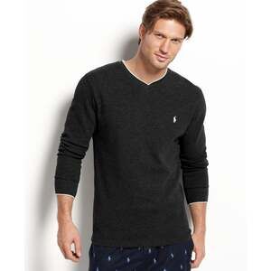 Polo Ralph Lauren Black Cotton Thermal Waffle Knit V-Neck Sweater